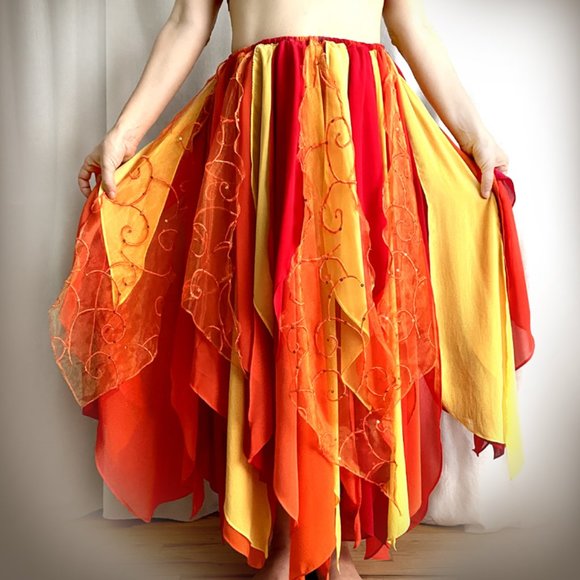 Skirts Ameynra Belly Dance Petal Skirt Fire Colors Red Yellow Orange